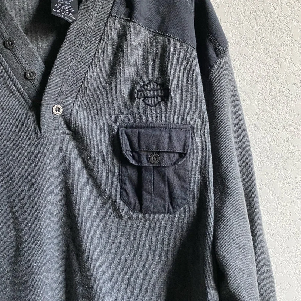 Harley Davidson Gray and Black Henley Long Sleeve 3 Button Pullover Sweater 2XL